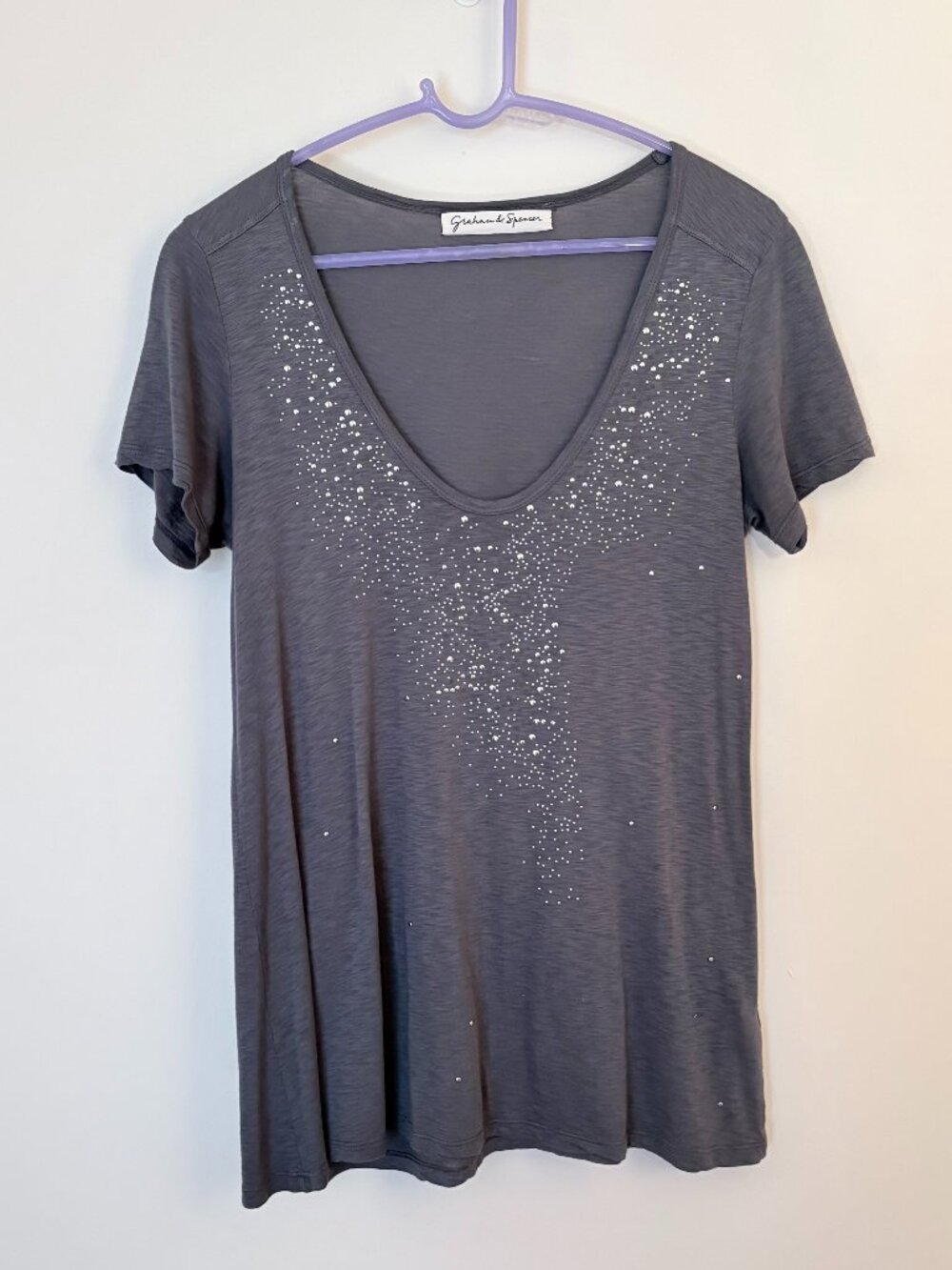 Graham & Spencer Gray Rhinestone V Neck Tee